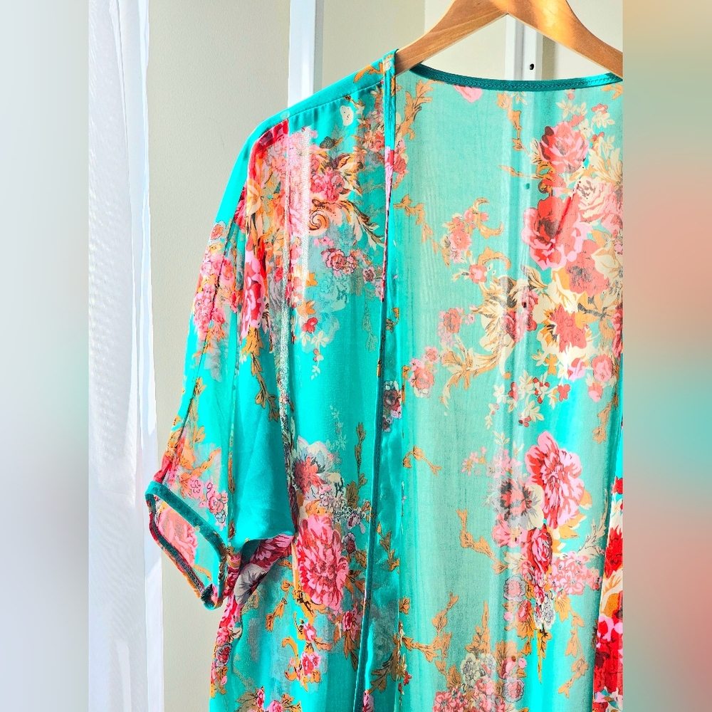 Turquoise, Floral + Fringe Kimono - Picture 3 of 6